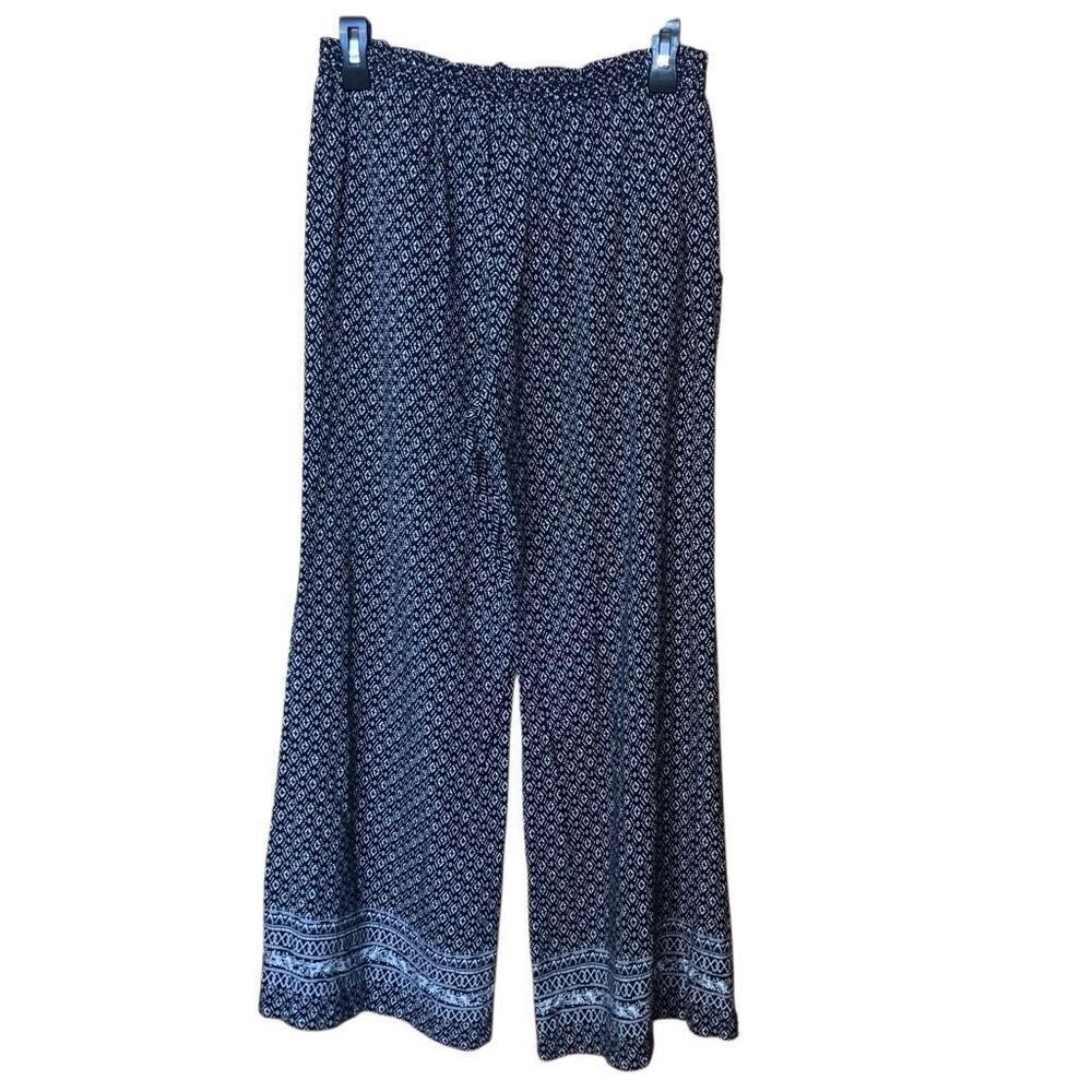 Roan + Ryan high rise black and white wide leg boho patterned rayon pants large